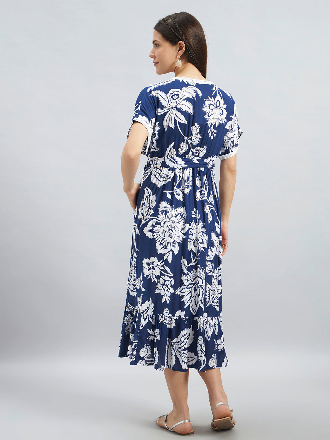 Navy Floral Viscose Flex Midi Dress With Tie-Up Waist