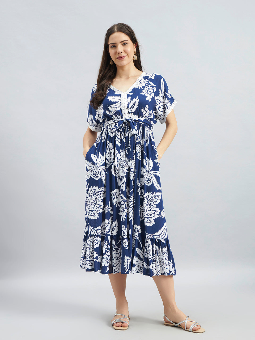 Navy Floral Viscose Flex Midi Dress With Tie-Up Waist