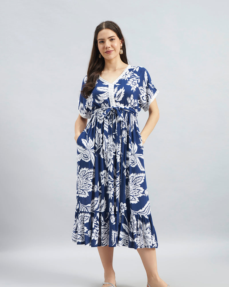 Navy Floral Viscose Flex Midi Dress With Tie-Up Waist