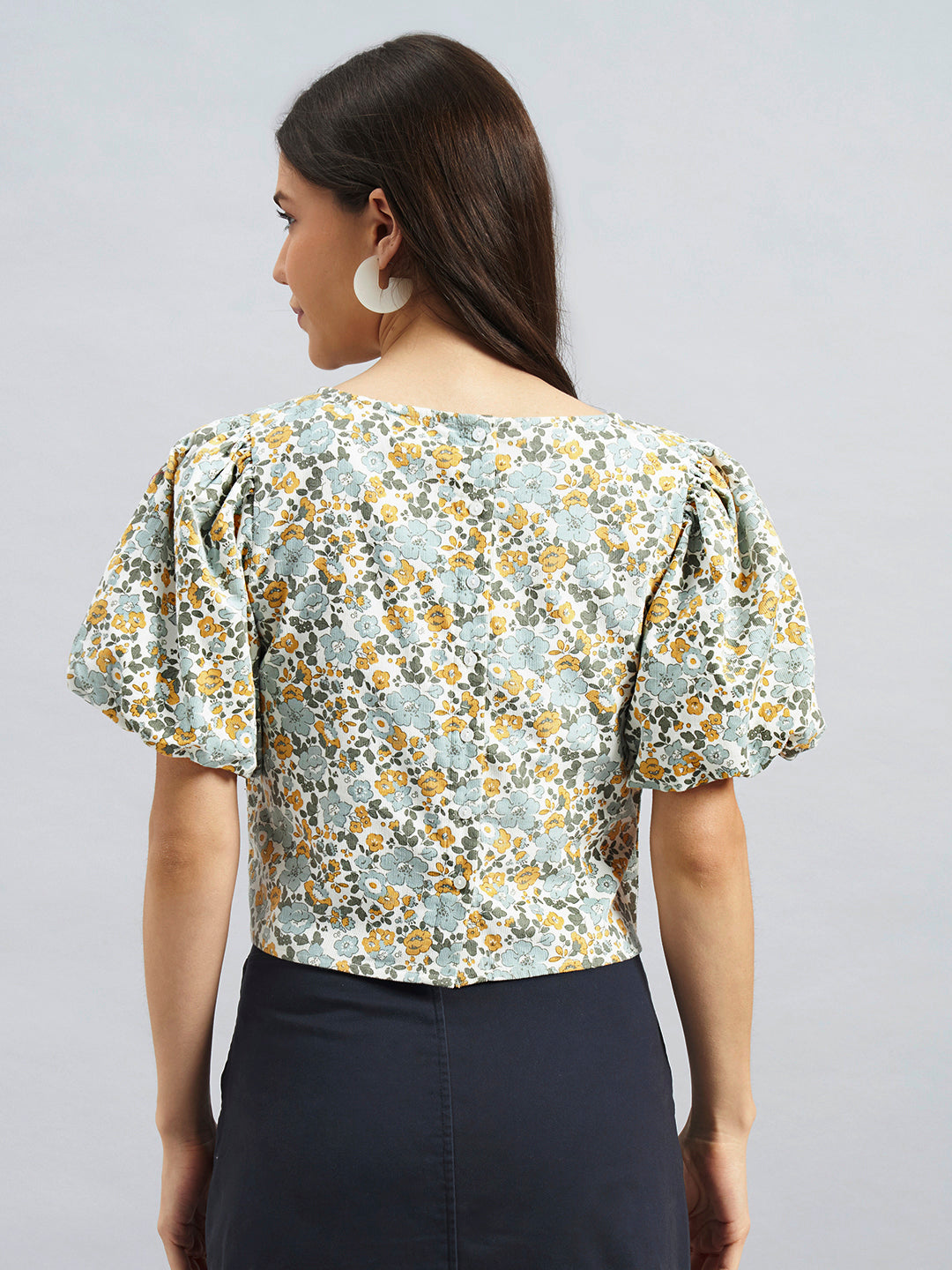 Floral Print Corduroy Top With Puff Sleeves