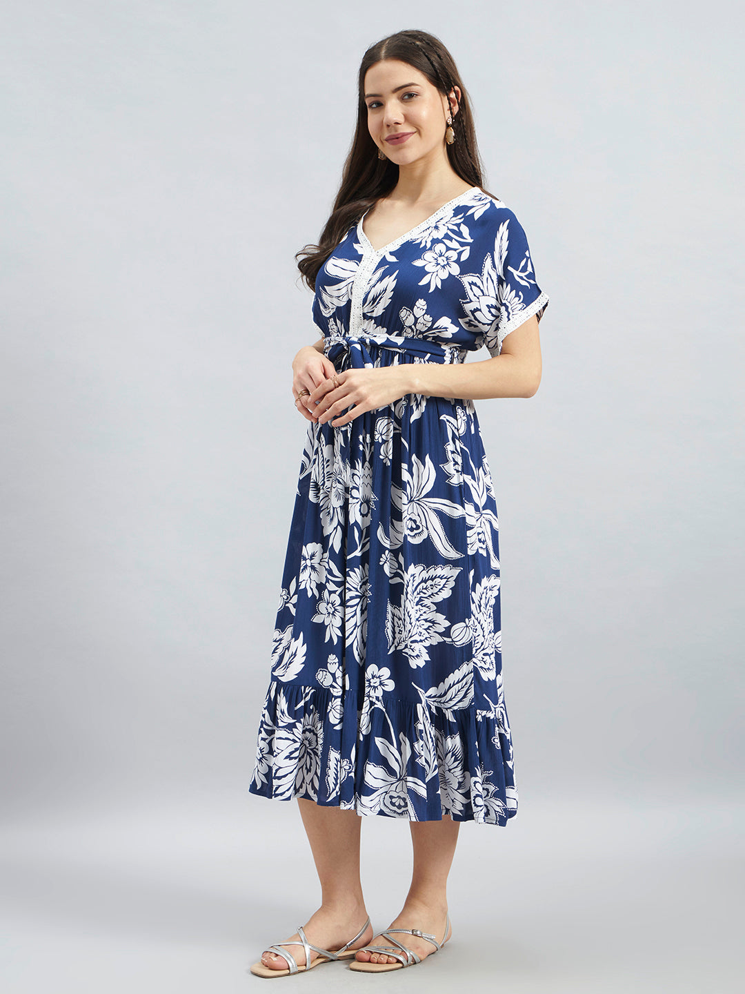 Navy Floral Viscose Flex Midi Dress With Tie-Up Waist