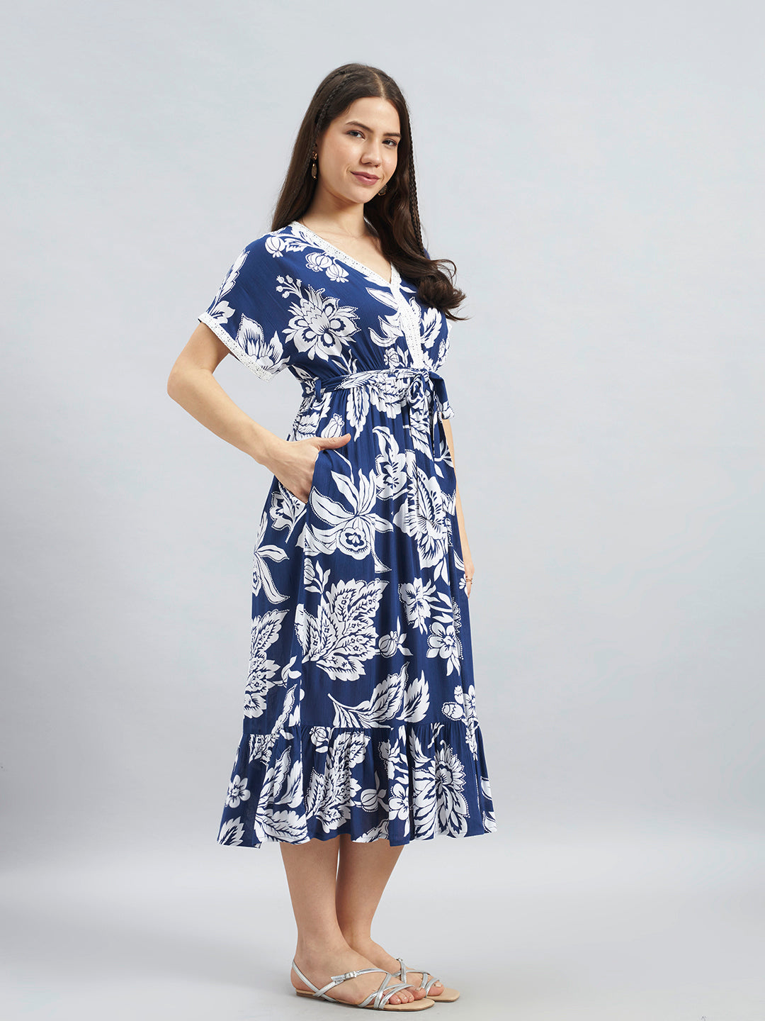 Navy Floral Viscose Flex Midi Dress With Tie-Up Waist