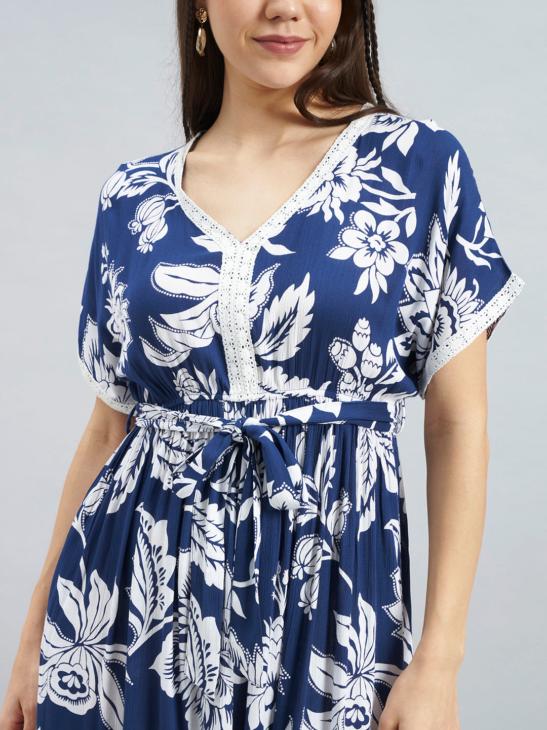 Navy Floral Viscose Flex Midi Dress With Tie-Up Waist