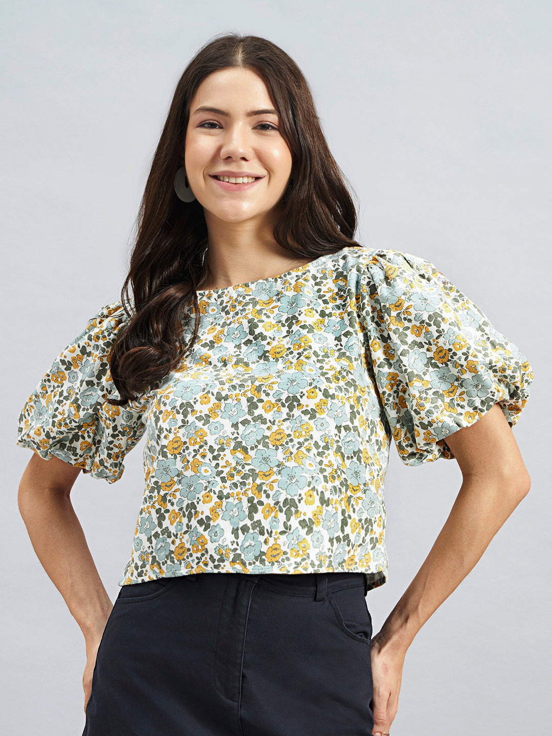Floral Print Corduroy Top With Puff Sleeves