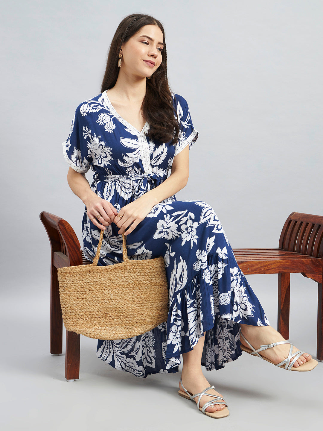 Navy Floral Viscose Flex Midi Dress With Tie-Up Waist