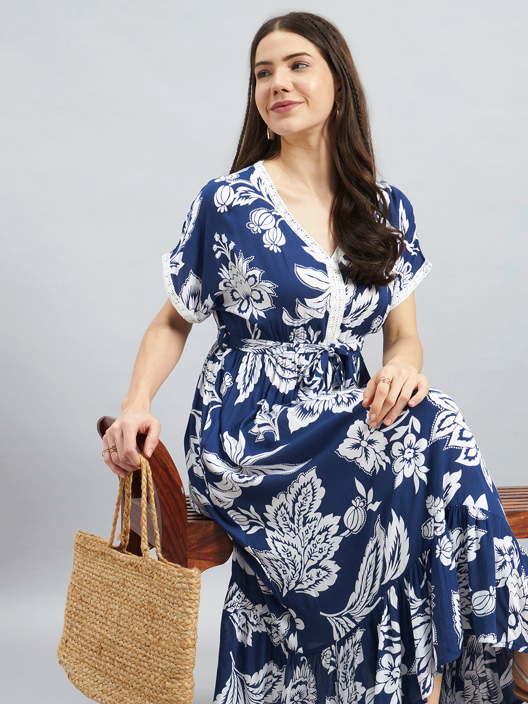 Navy Floral Viscose Flex Midi Dress With Tie-Up Waist