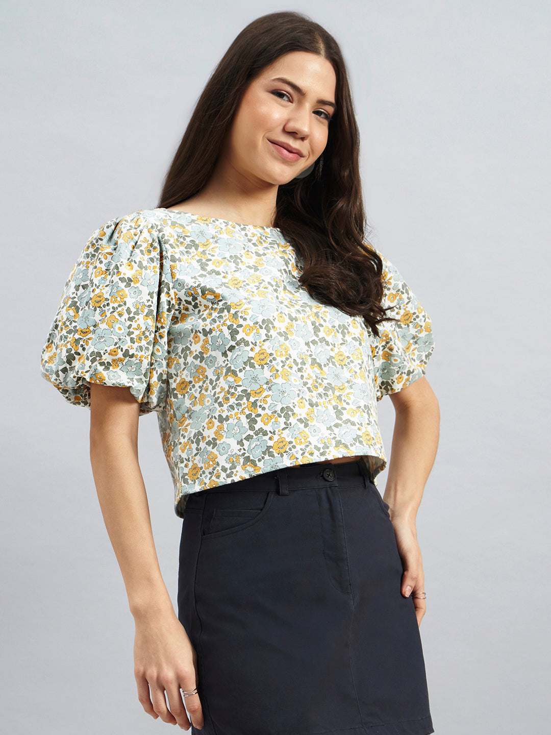 Floral Print Corduroy Top With Puff Sleeves