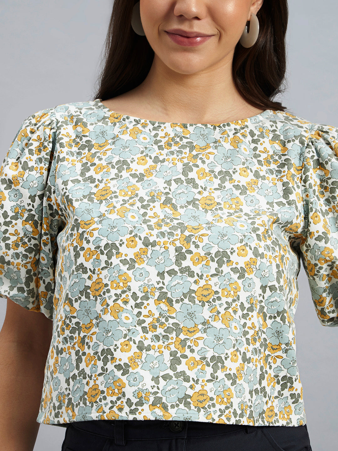 Floral Print Corduroy Top With Puff Sleeves