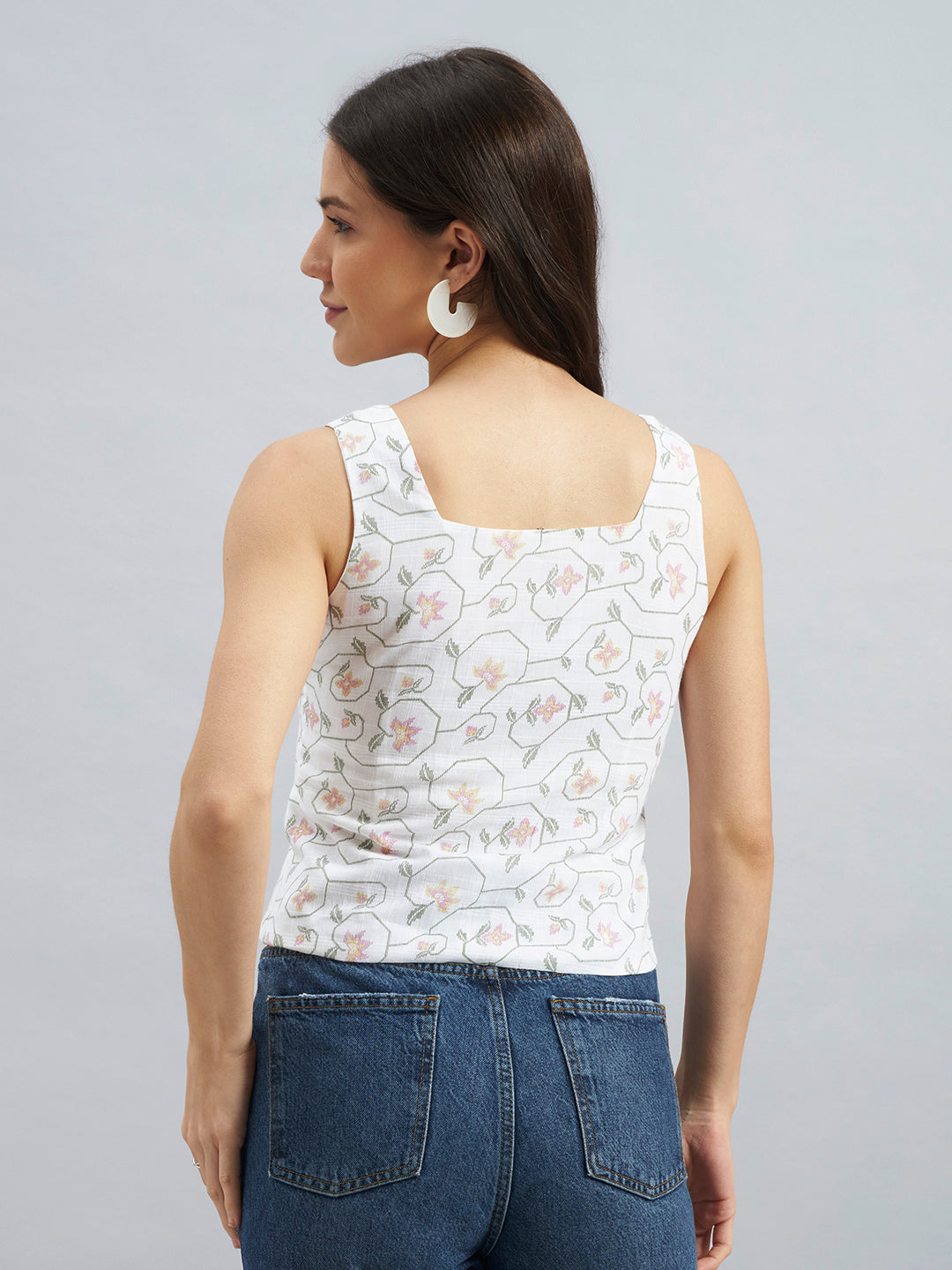 Women’s White Cotton Floral Printed Sleeveless Top