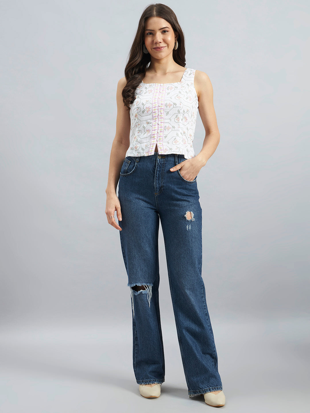 Women’s White Cotton Floral Printed Sleeveless Top