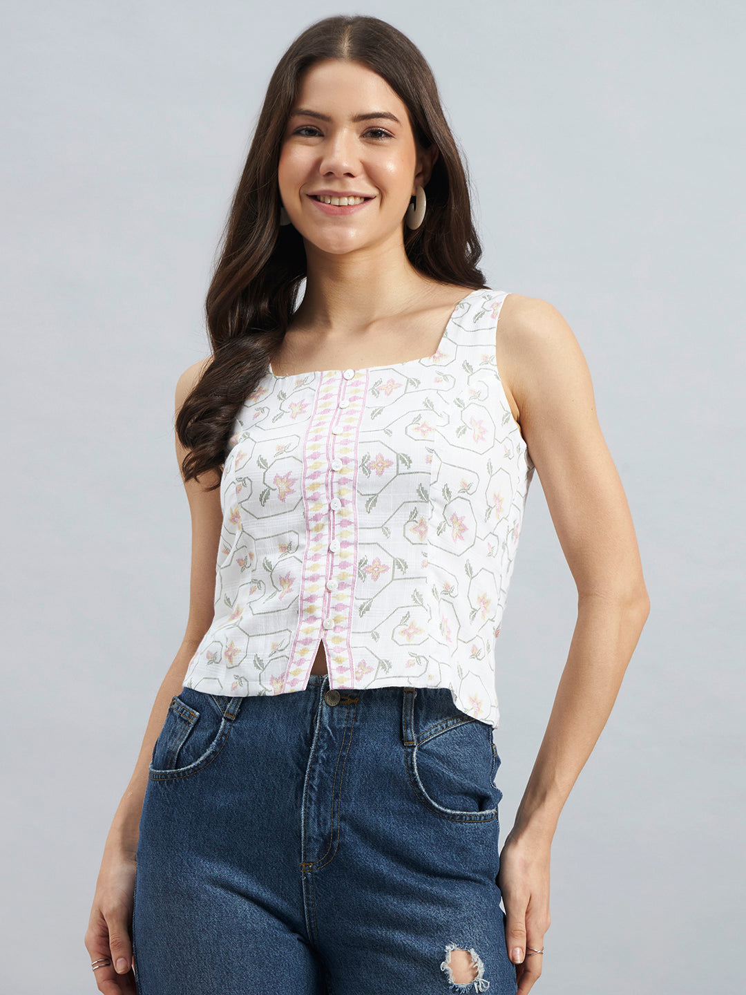 Women’s White Cotton Floral Printed Sleeveless Top