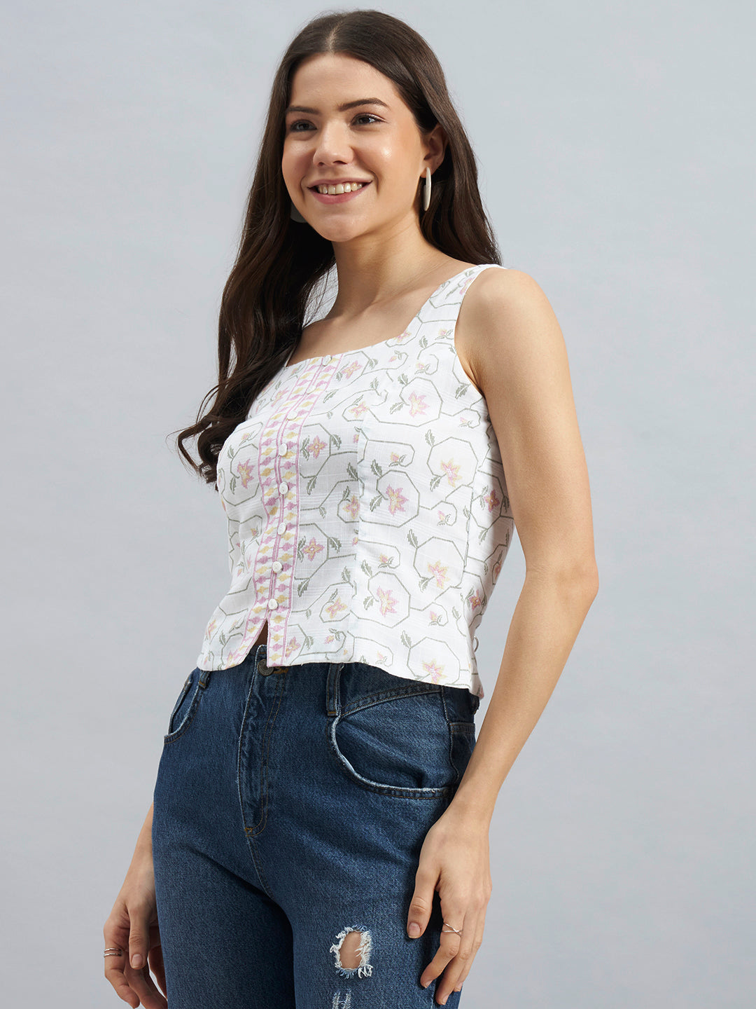 Women’s White Cotton Floral Printed Sleeveless Top