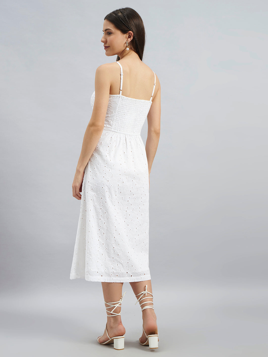 White Schiffli Embroidered Cotton Strappy Midi Dress