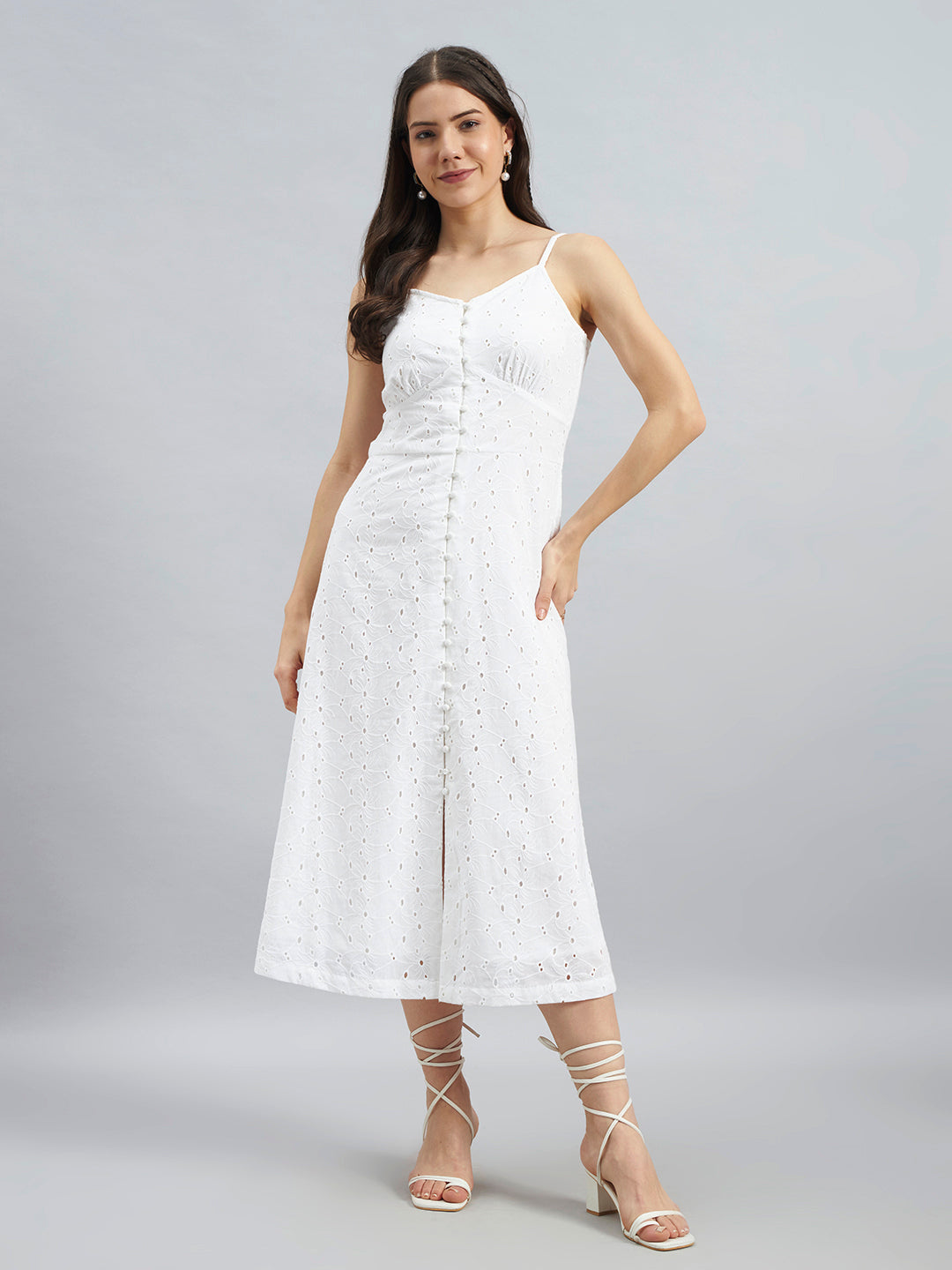 White Schiffli Embroidered Cotton Strappy Midi Dress