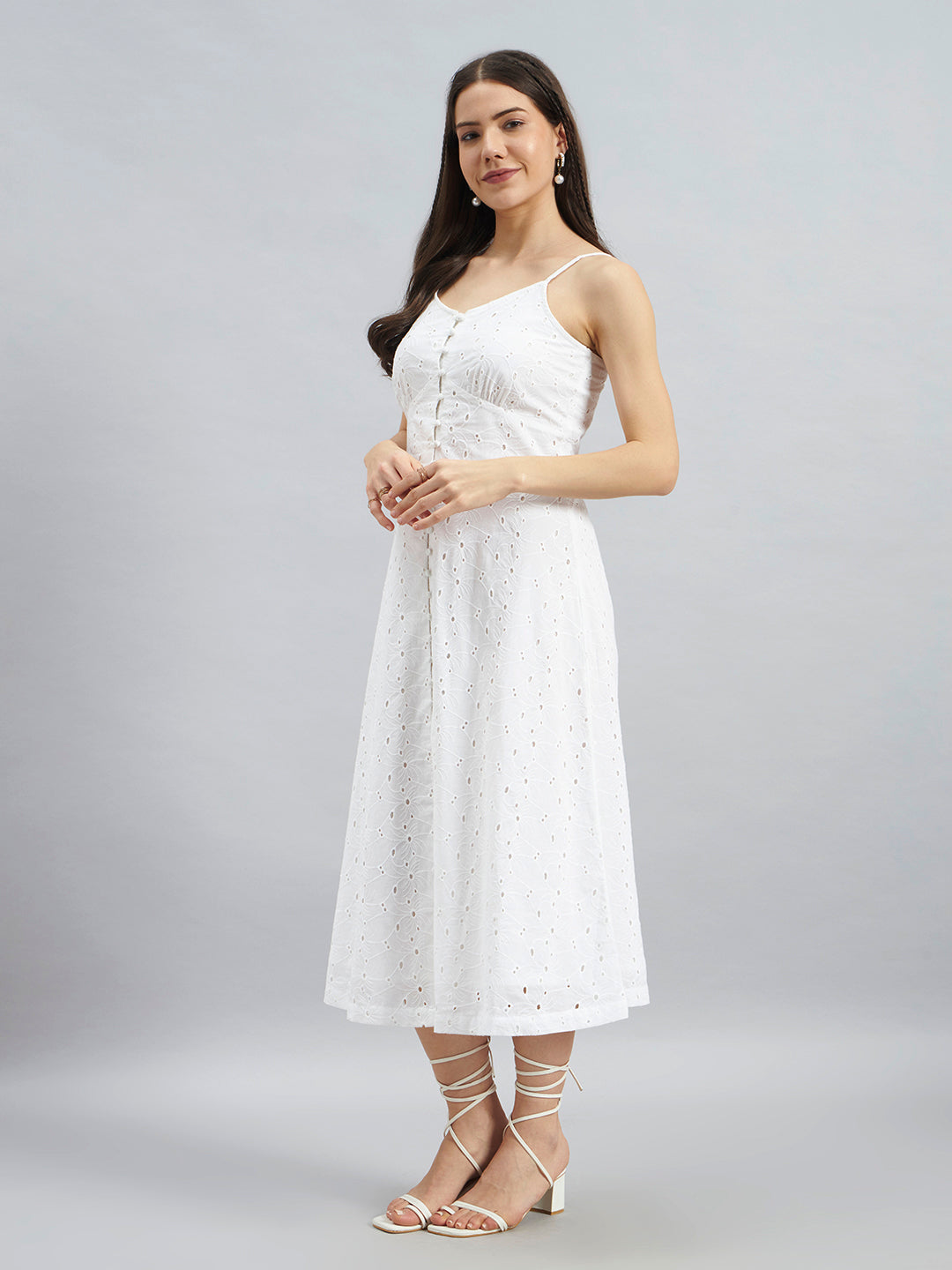 White Schiffli Embroidered Cotton Strappy Midi Dress