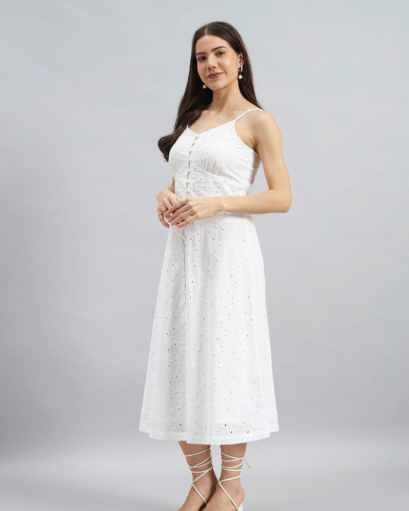 White Schiffli Embroidered Cotton Strappy Midi Dress