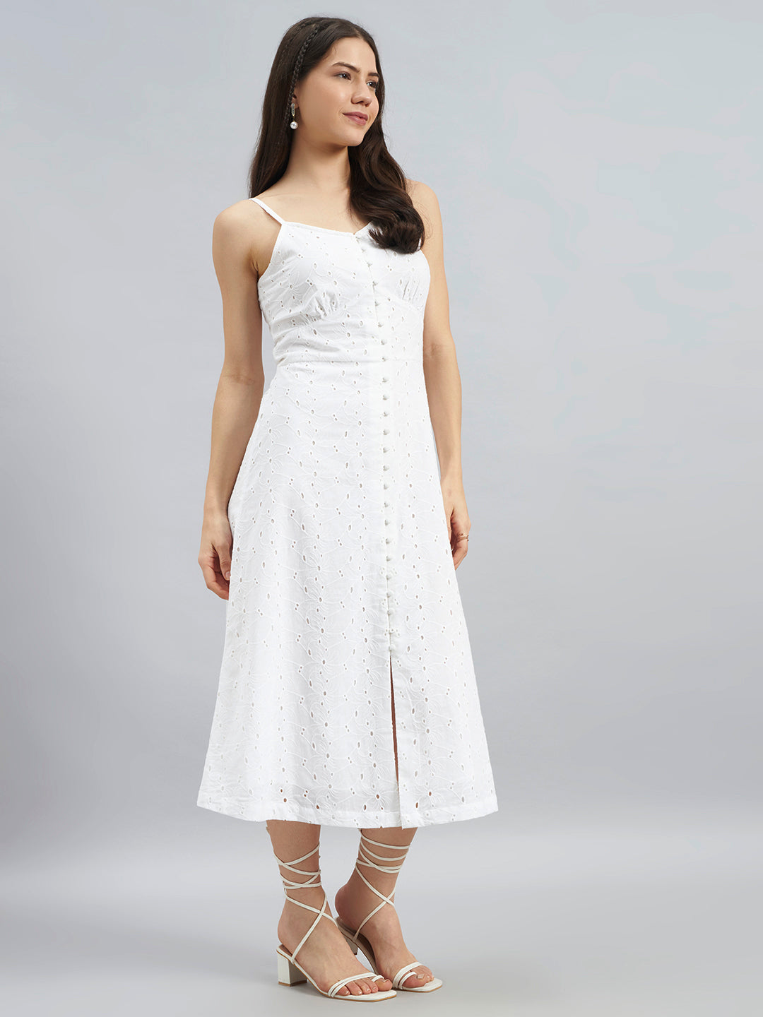 White Schiffli Embroidered Cotton Strappy Midi Dress