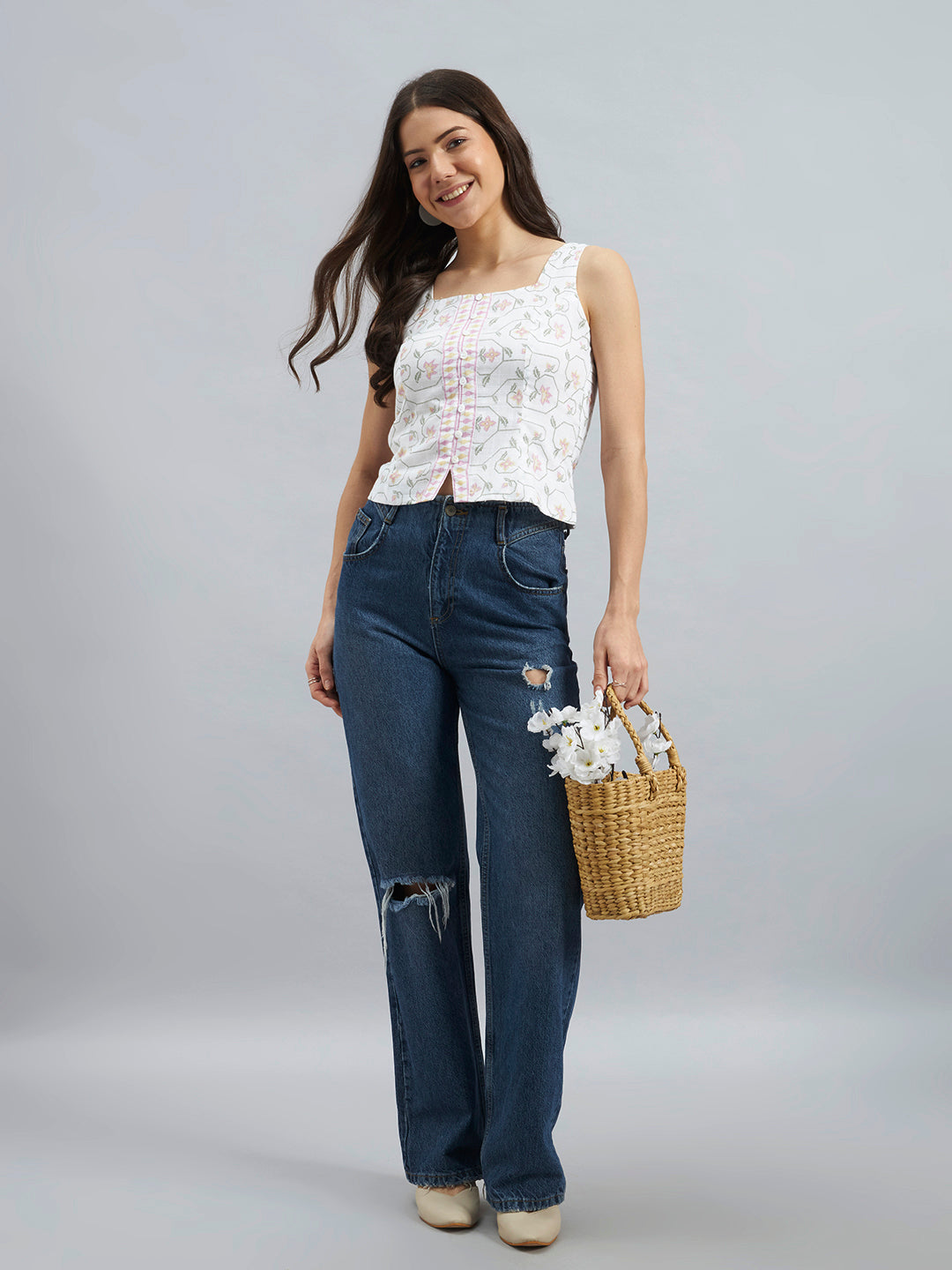 Women’s White Cotton Floral Printed Sleeveless Top