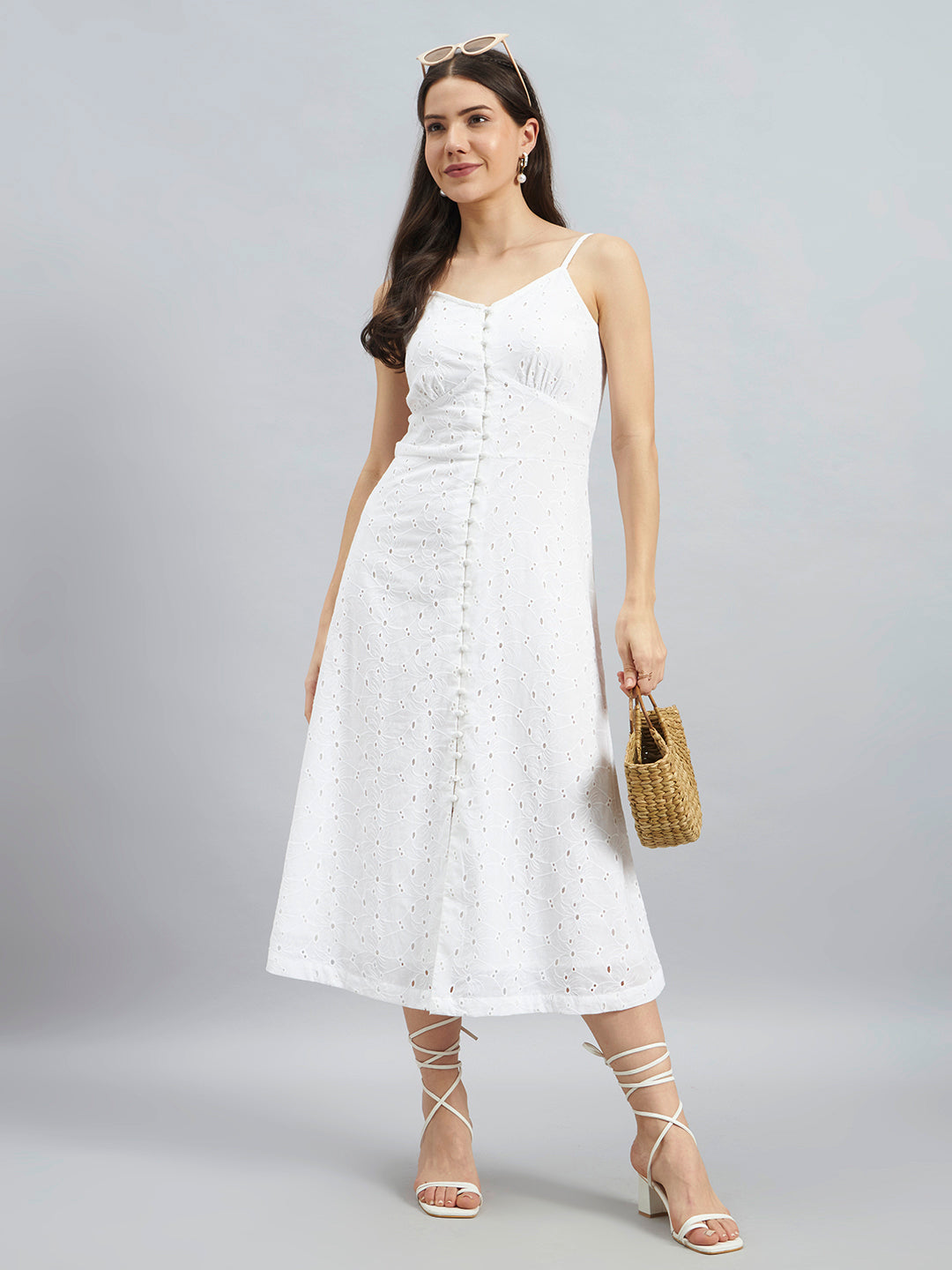 White Schiffli Embroidered Cotton Strappy Midi Dress