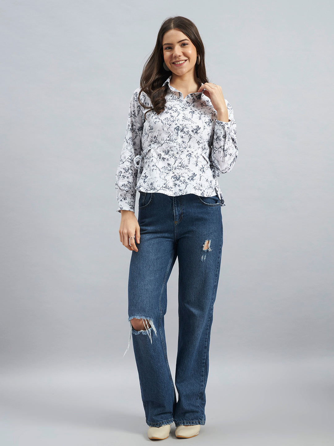 White Blue Toile Print Cotton Shirt with Side Tie-Up