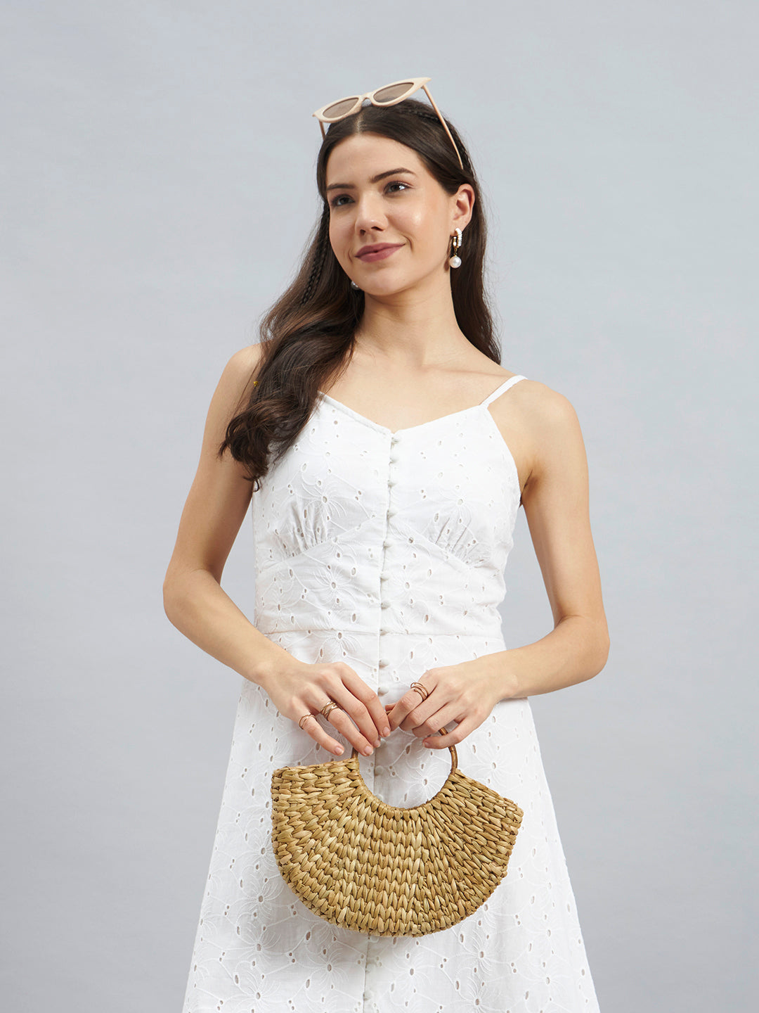 White Schiffli Embroidered Cotton Strappy Midi Dress