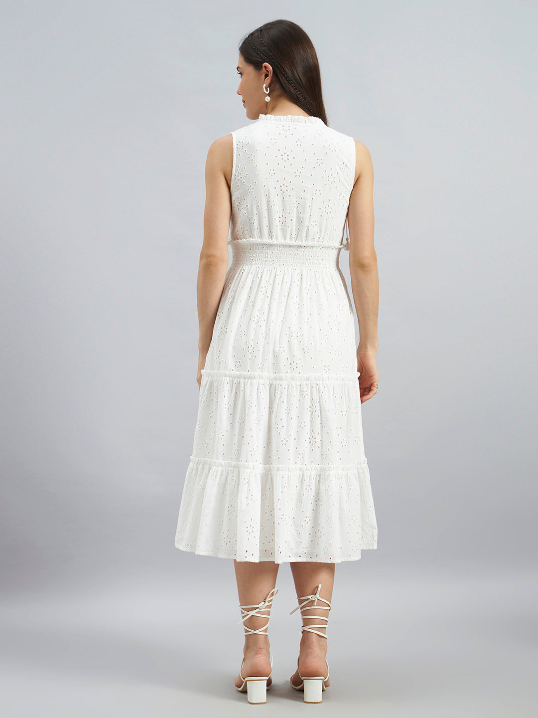 White Schiffli Embroidered Sleeveless Cotton Midi Dress