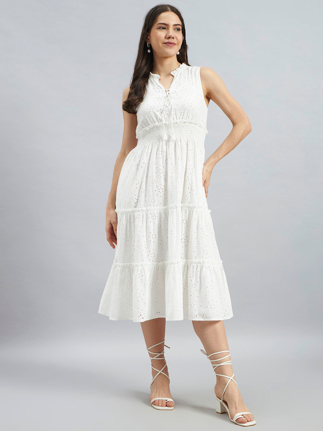White Schiffli Embroidered Sleeveless Cotton Midi Dress
