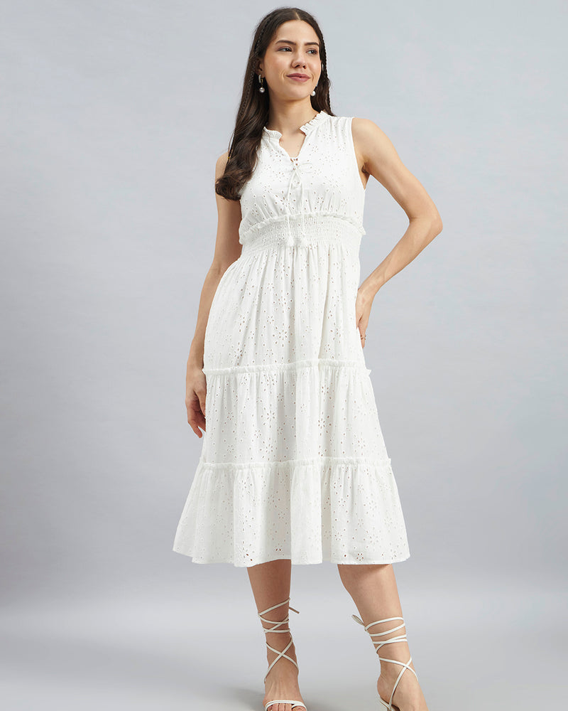 White Schiffli Embroidered Sleeveless Cotton Midi Dress