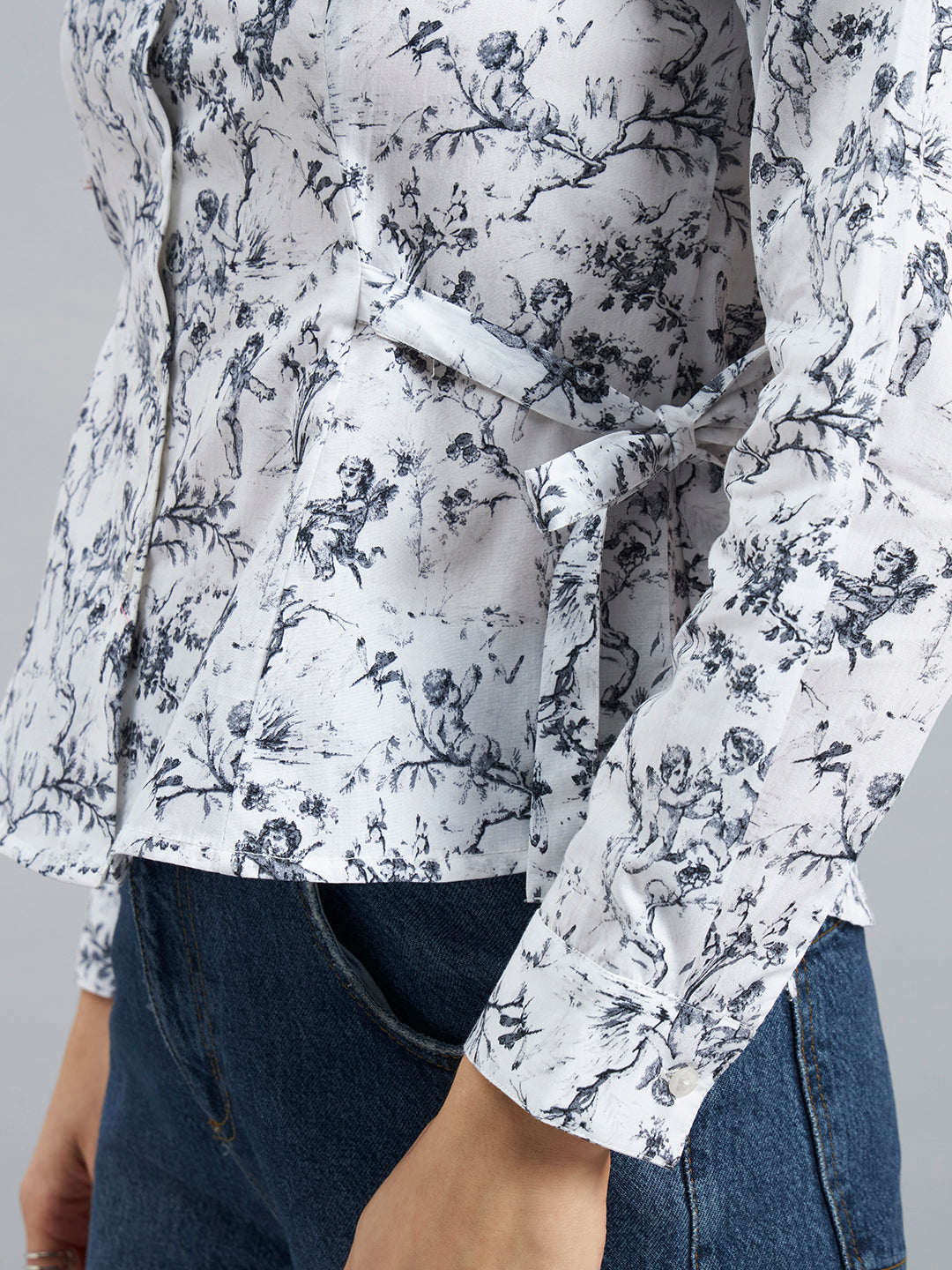 White Blue Toile Print Cotton Shirt with Side Tie-Up