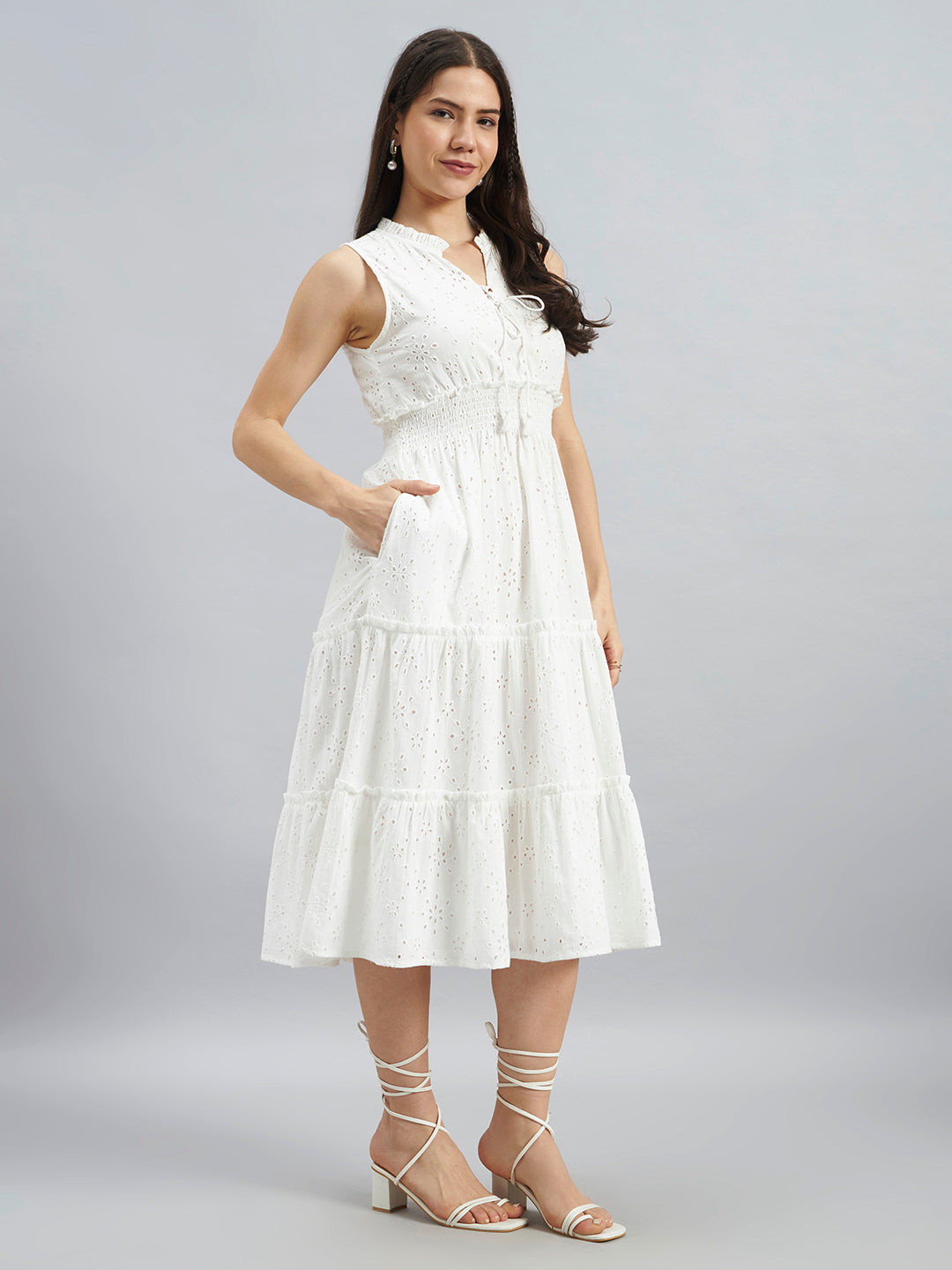 White Schiffli Embroidered Sleeveless Cotton Midi Dress