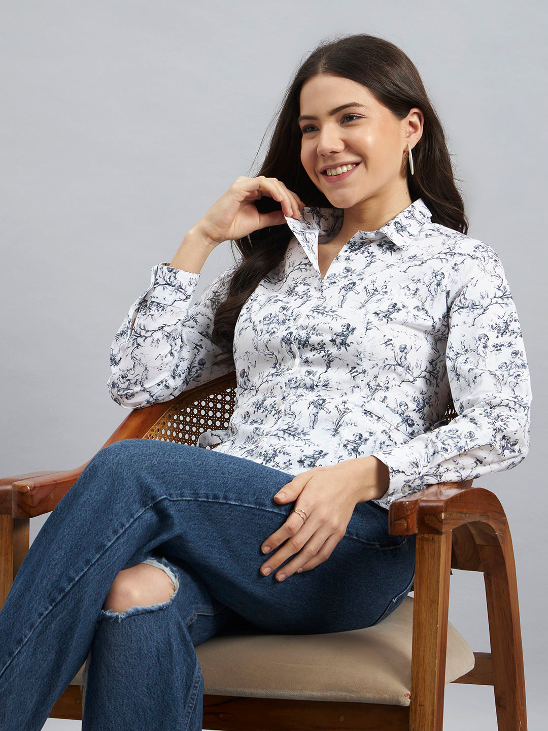 White Blue Toile Print Cotton Shirt with Side Tie-Up