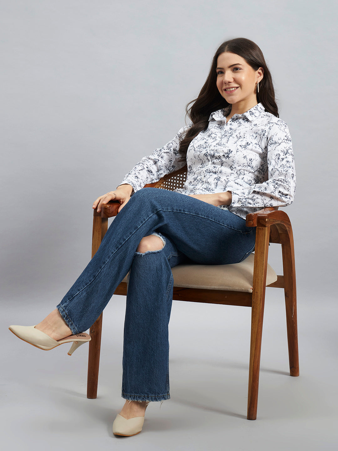 White Blue Toile Print Cotton Shirt with Side Tie-Up