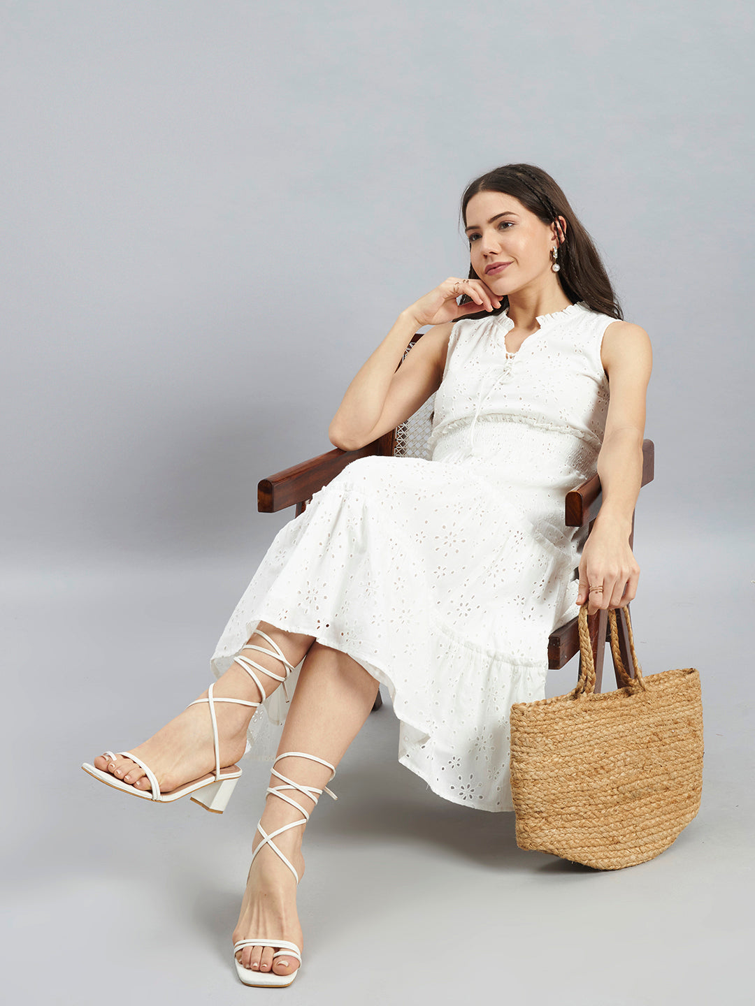 White Schiffli Embroidered Sleeveless Cotton Midi Dress