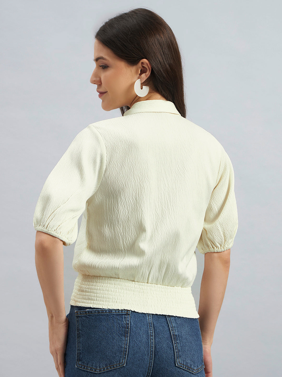Ivory Women’s Poly Lycra Smocked Waist Puff Sleeve Top