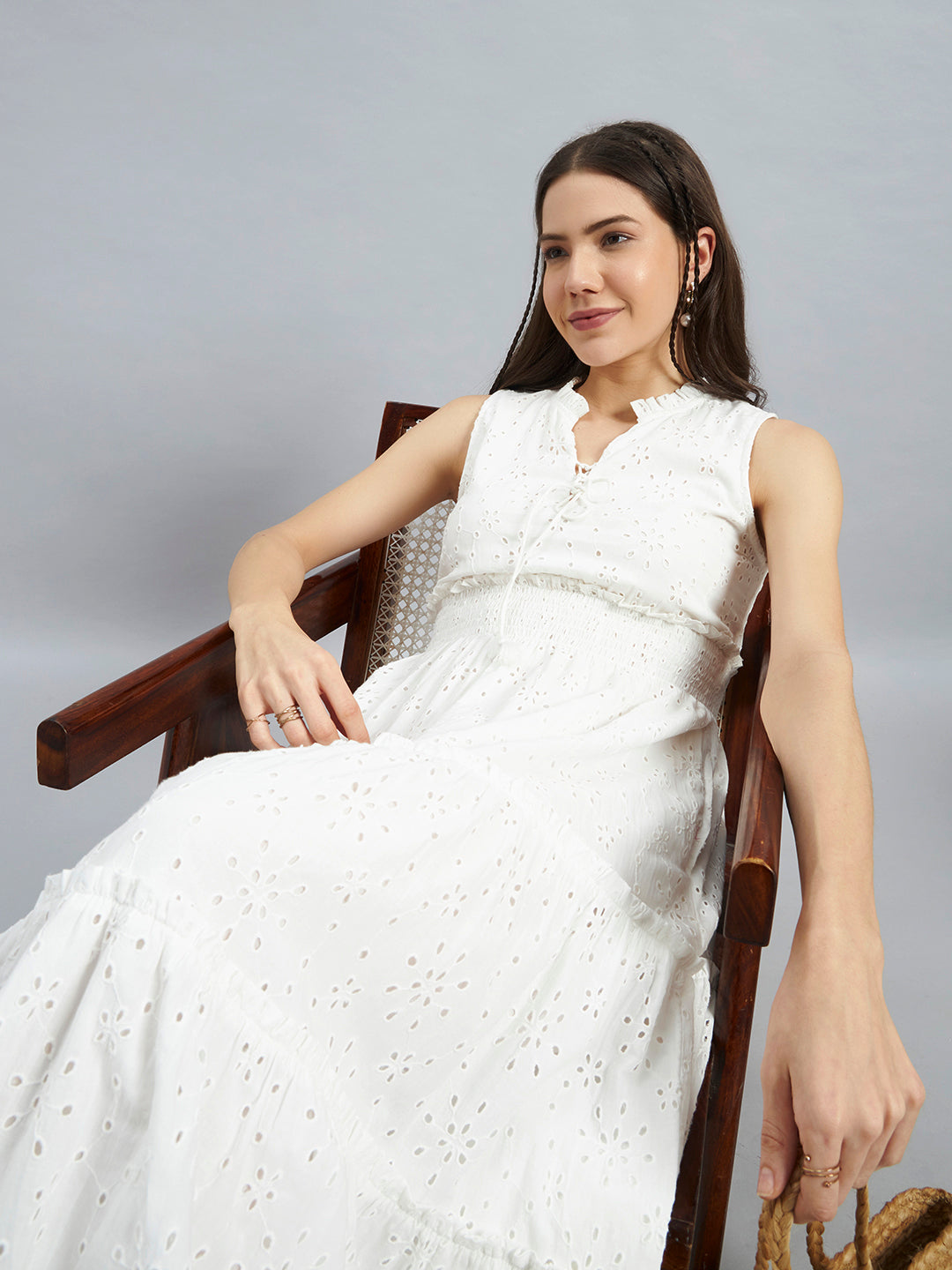 White Schiffli Embroidered Sleeveless Cotton Midi Dress