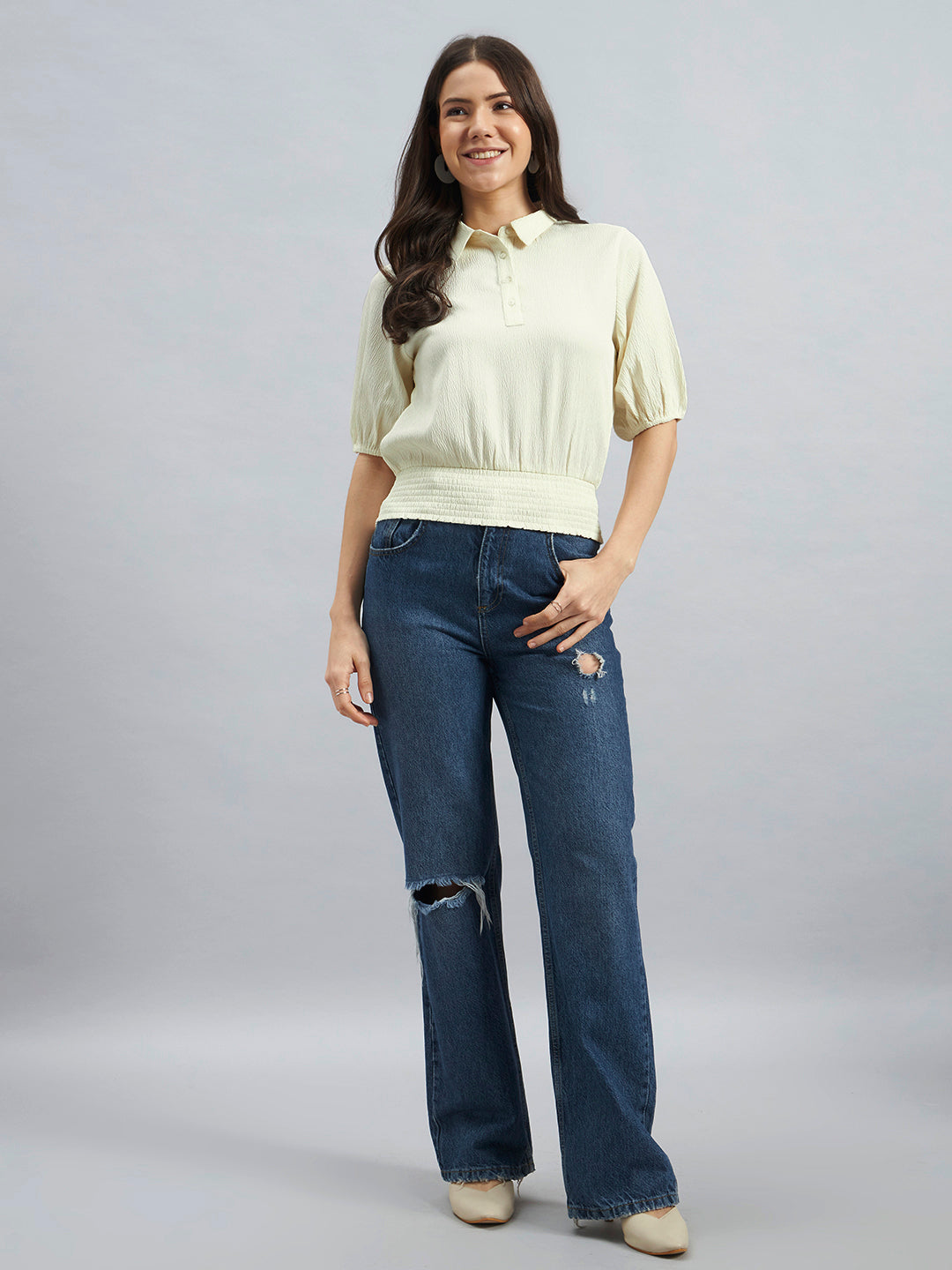 Ivory Women’s Poly Lycra Smocked Waist Puff Sleeve Top