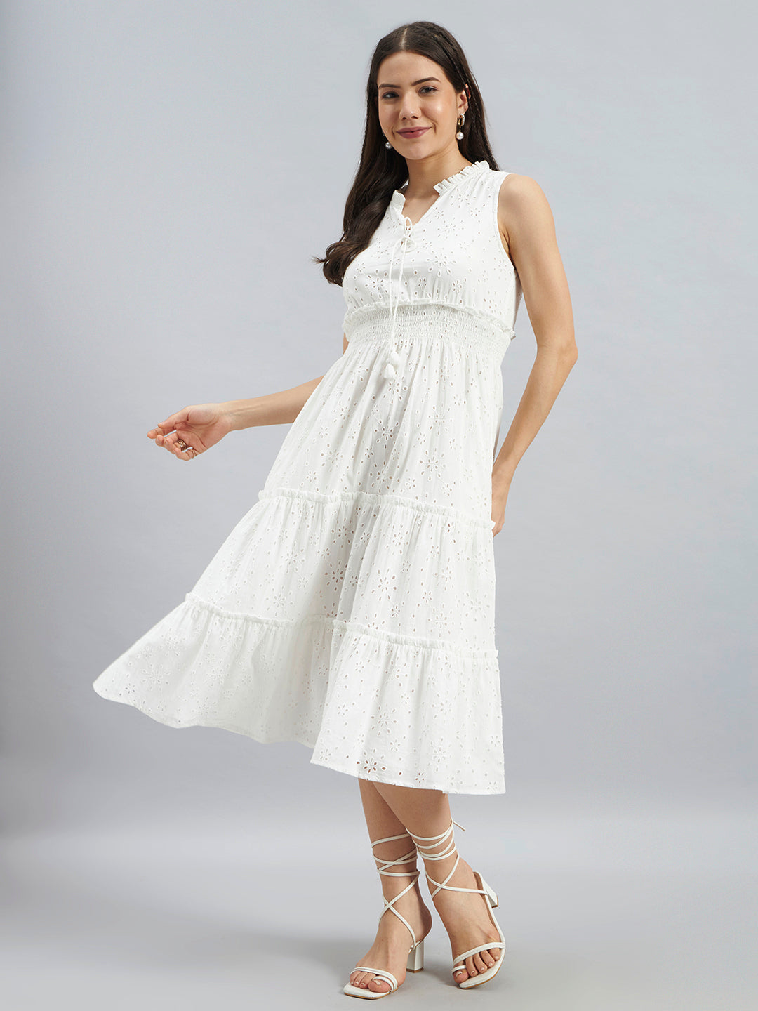 White Schiffli Embroidered Sleeveless Cotton Midi Dress