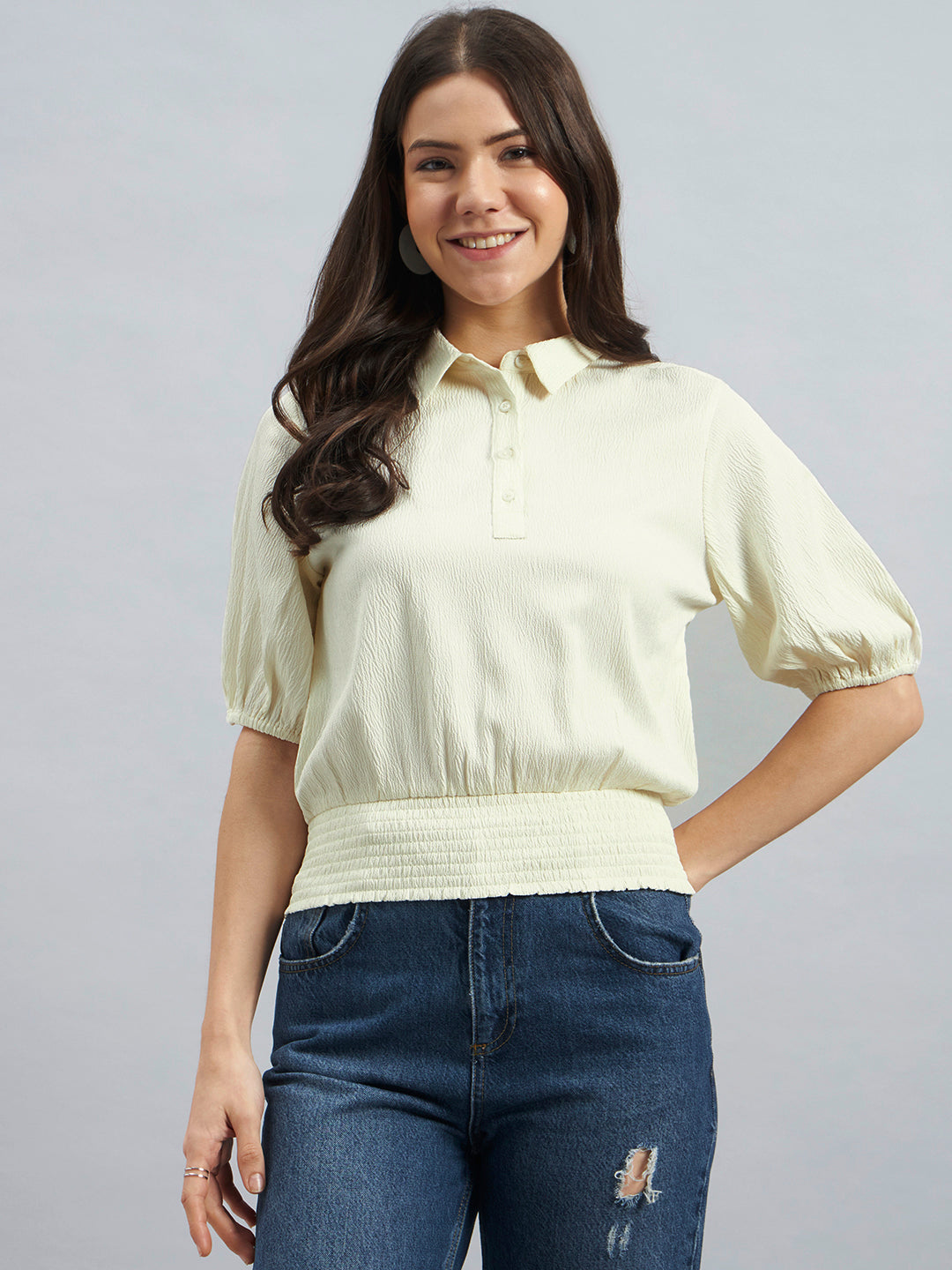 Ivory Women’s Poly Lycra Smocked Waist Puff Sleeve Top