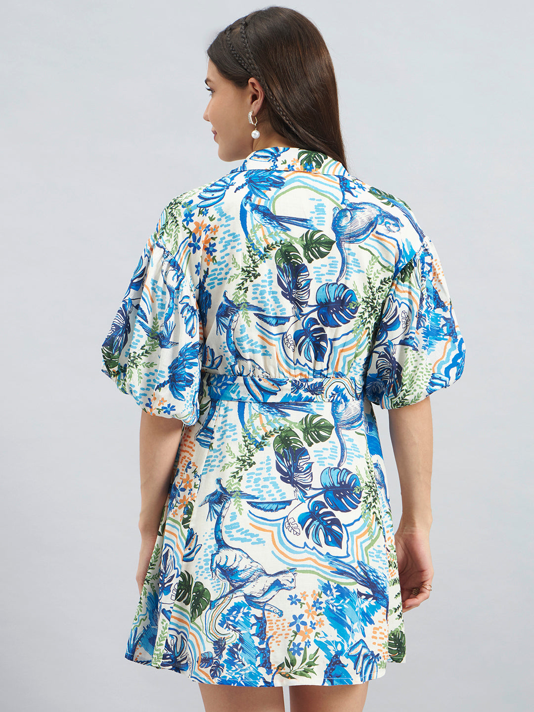 Blue Tropical Print Viscose Shirt Dress – Puff Sleeve Tie-Waist