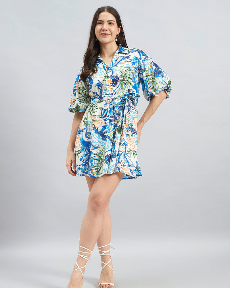 Blue Tropical Print Viscose Shirt Dress – Puff Sleeve Tie-Waist