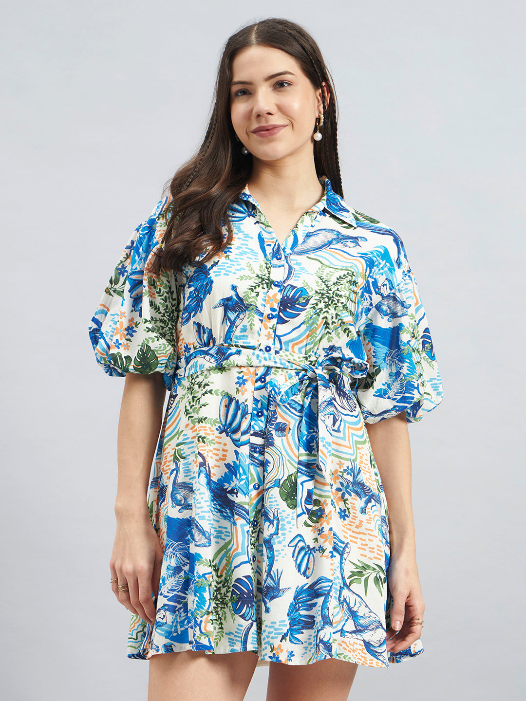 Blue Tropical Print Viscose Shirt Dress – Puff Sleeve Tie-Waist