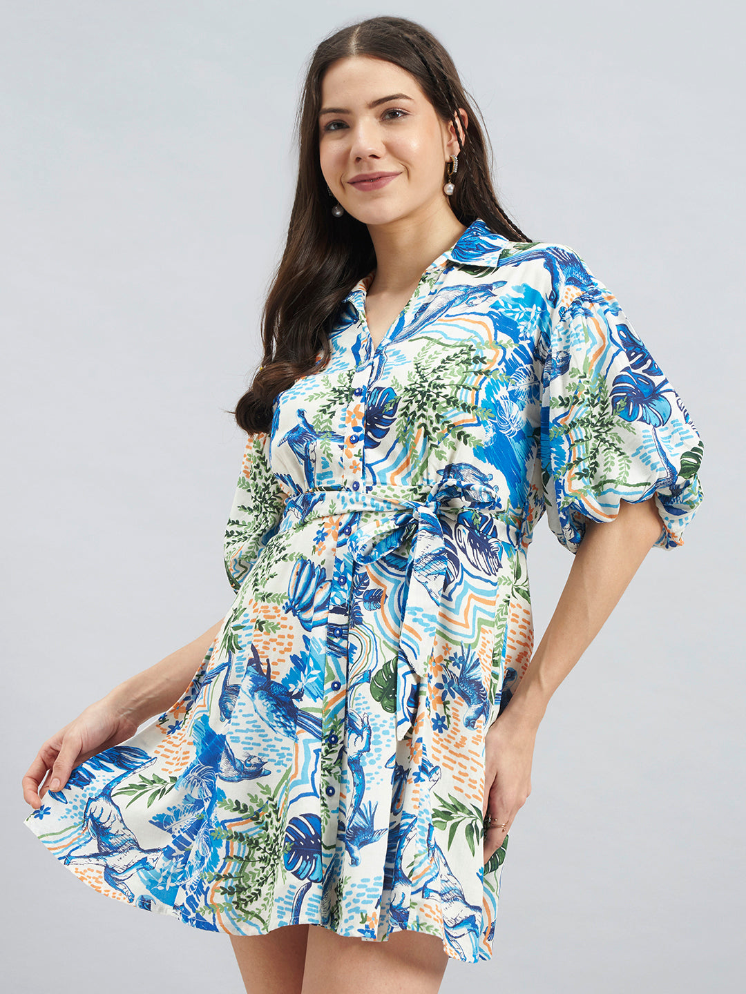 Blue Tropical Print Viscose Shirt Dress – Puff Sleeve Tie-Waist