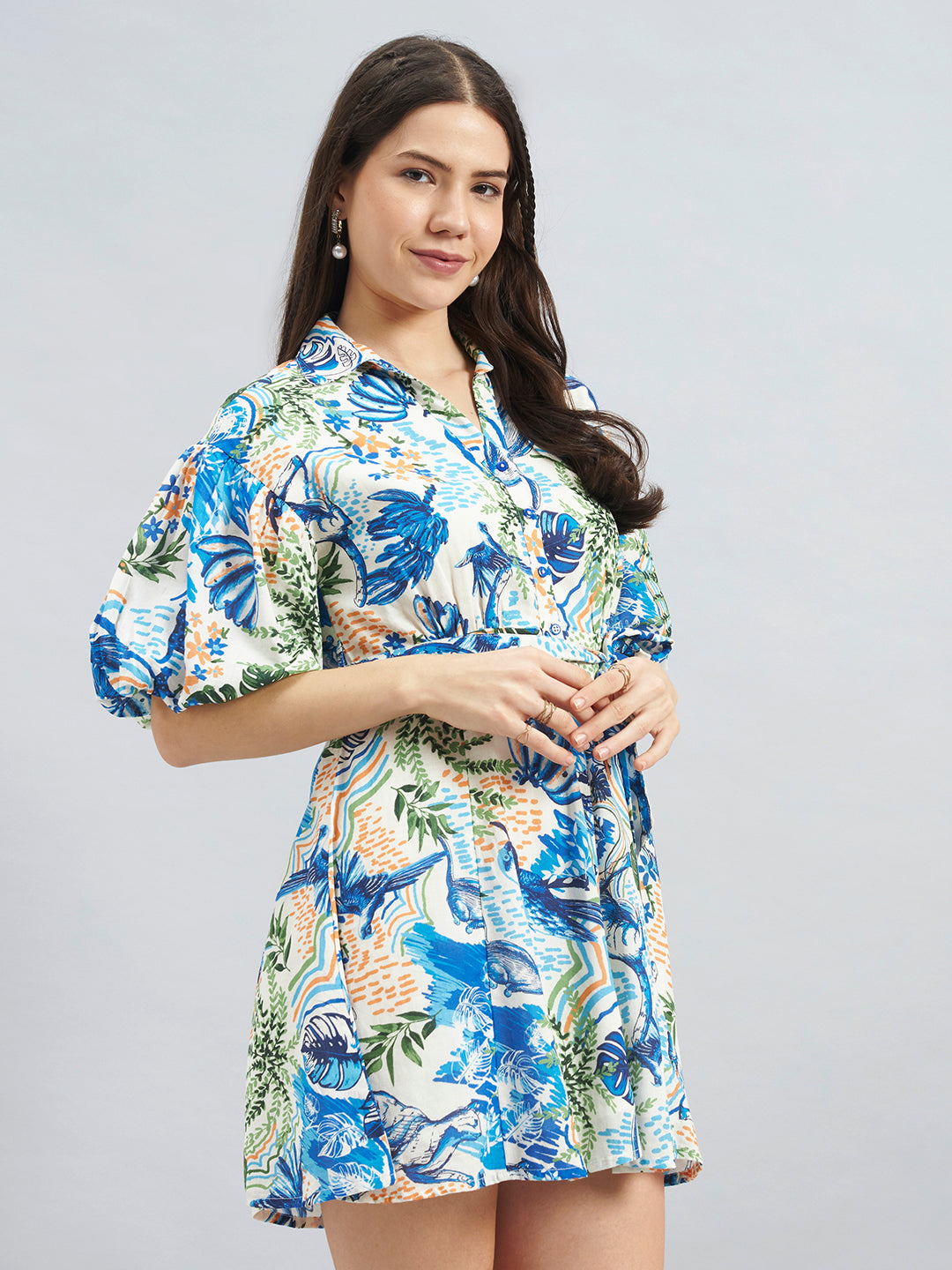 Blue Tropical Print Viscose Shirt Dress – Puff Sleeve Tie-Waist