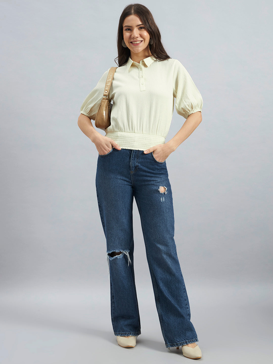 Ivory Women’s Poly Lycra Smocked Waist Puff Sleeve Top