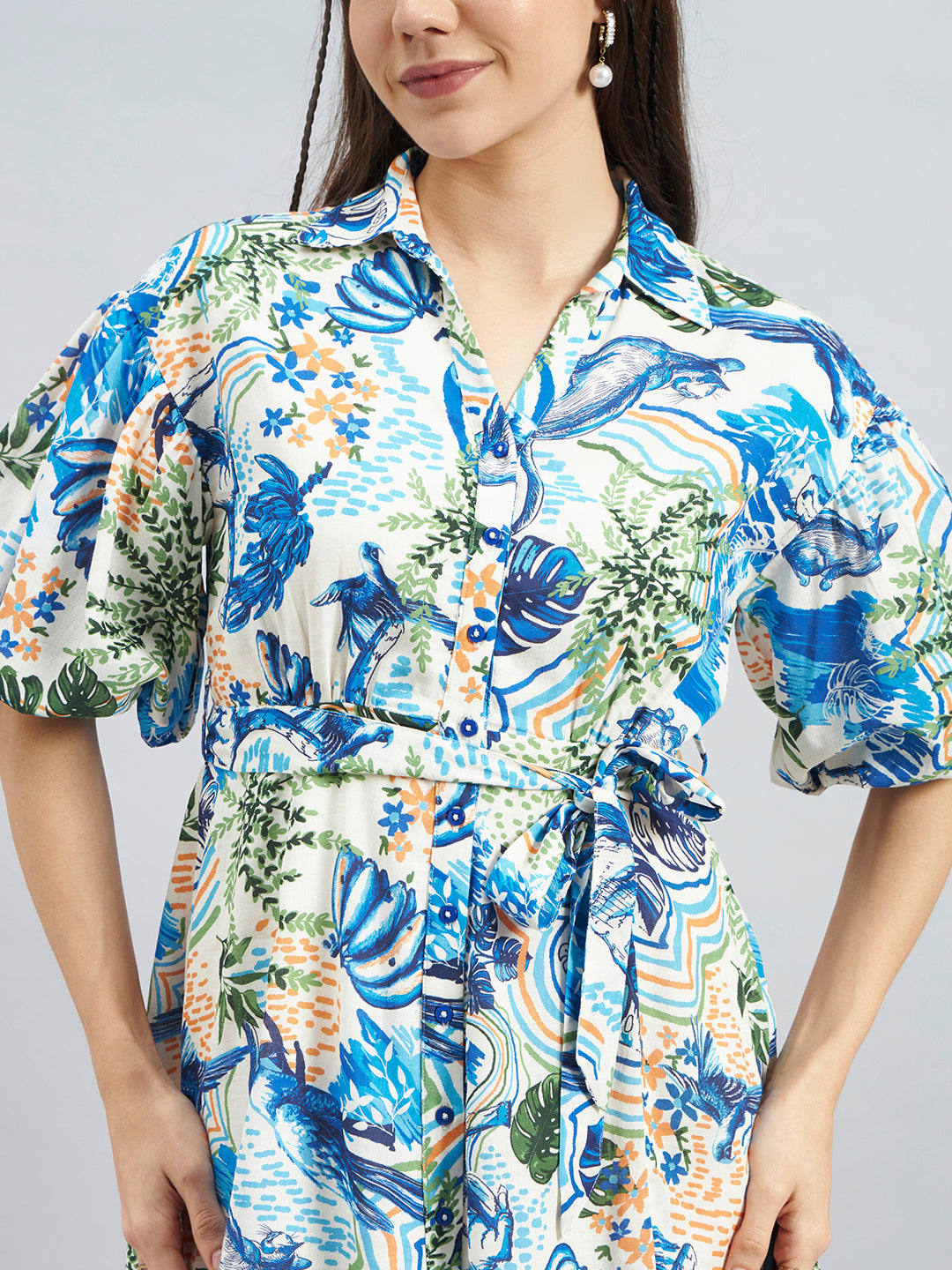 Blue Tropical Print Viscose Shirt Dress – Puff Sleeve Tie-Waist