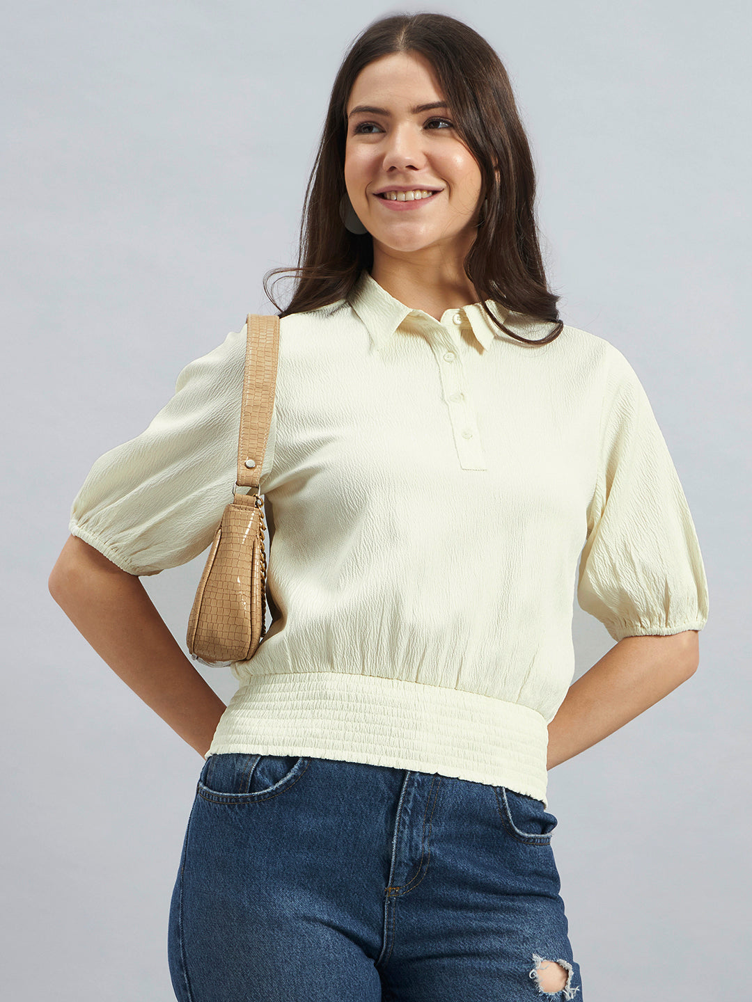 Ivory Women’s Poly Lycra Smocked Waist Puff Sleeve Top