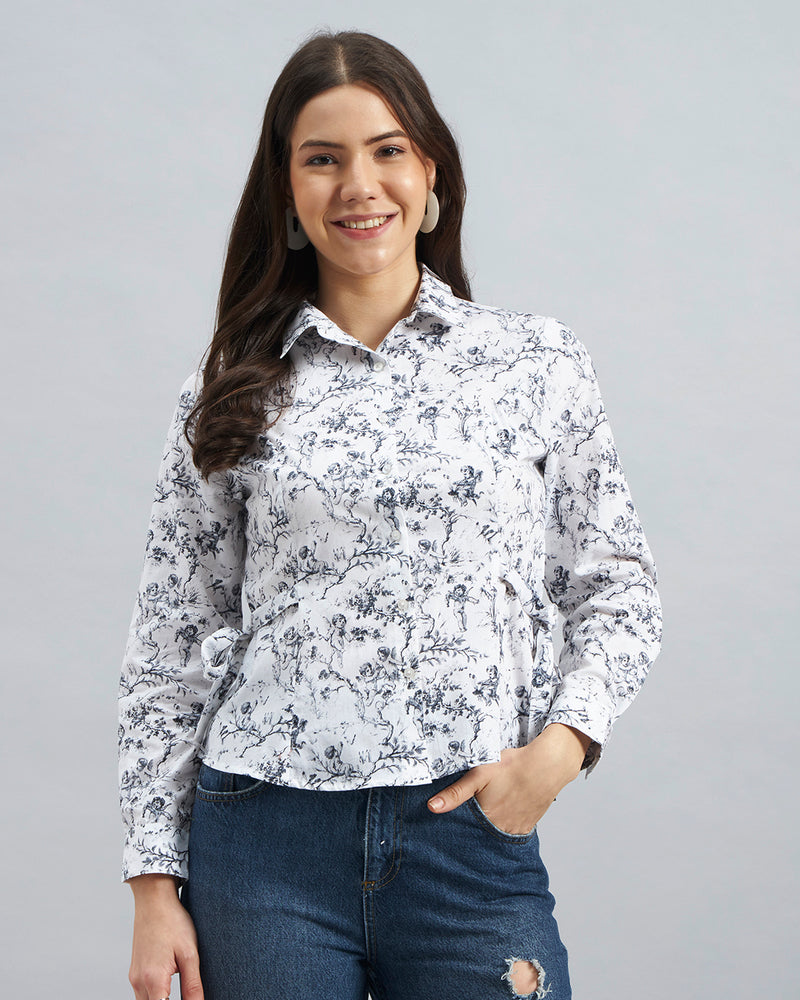 White Blue Toile Print Cotton Shirt with Side Tie-Up