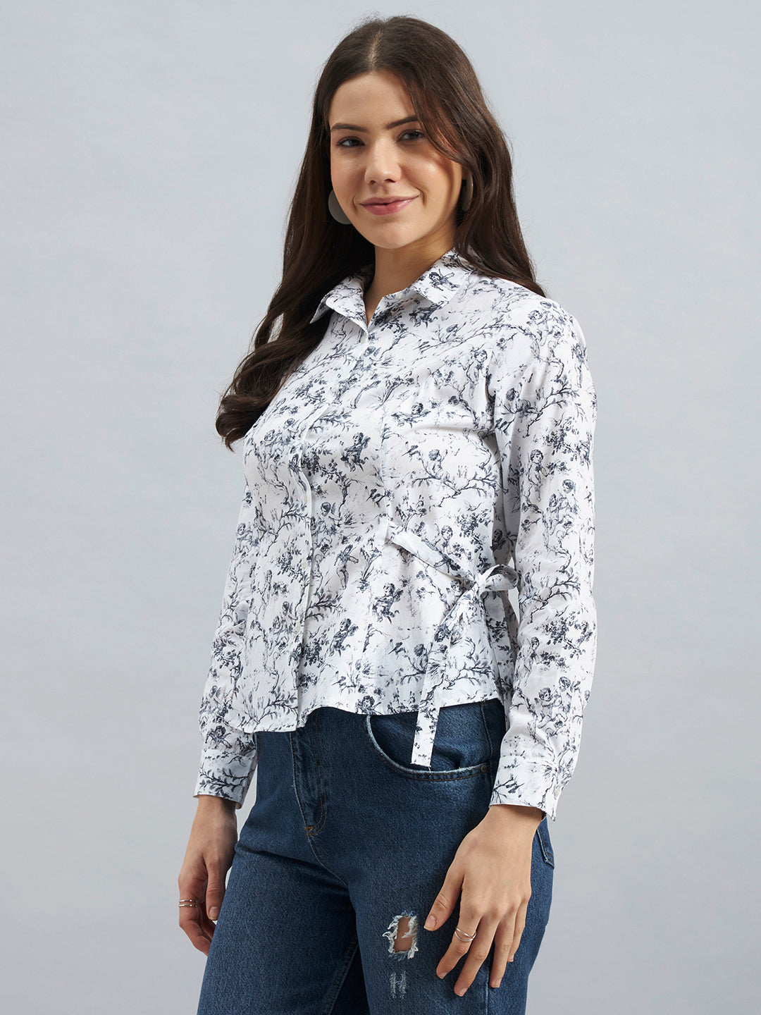 White Blue Toile Print Cotton Shirt with Side Tie-Up