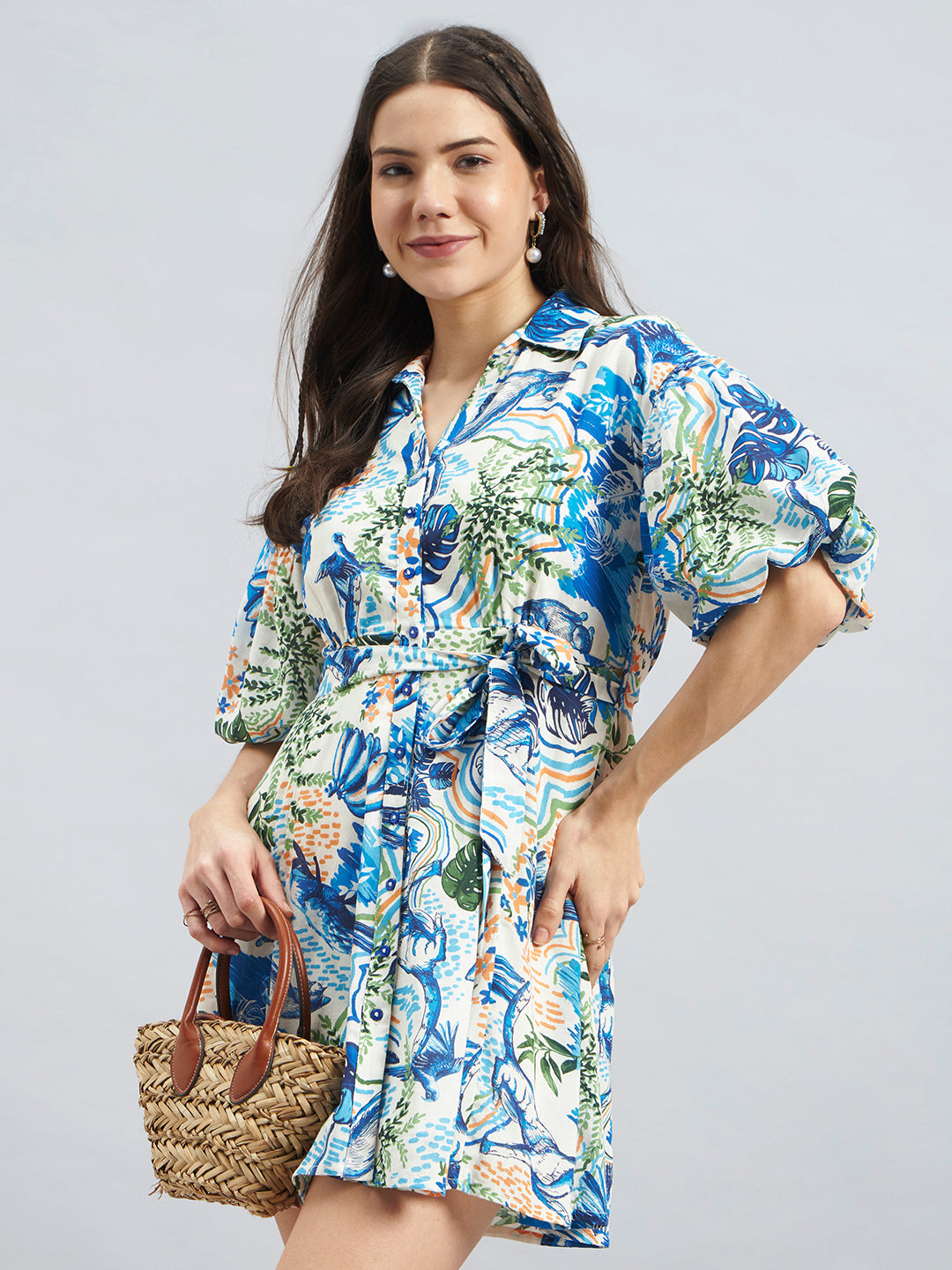 Blue Tropical Print Viscose Shirt Dress – Puff Sleeve Tie-Waist