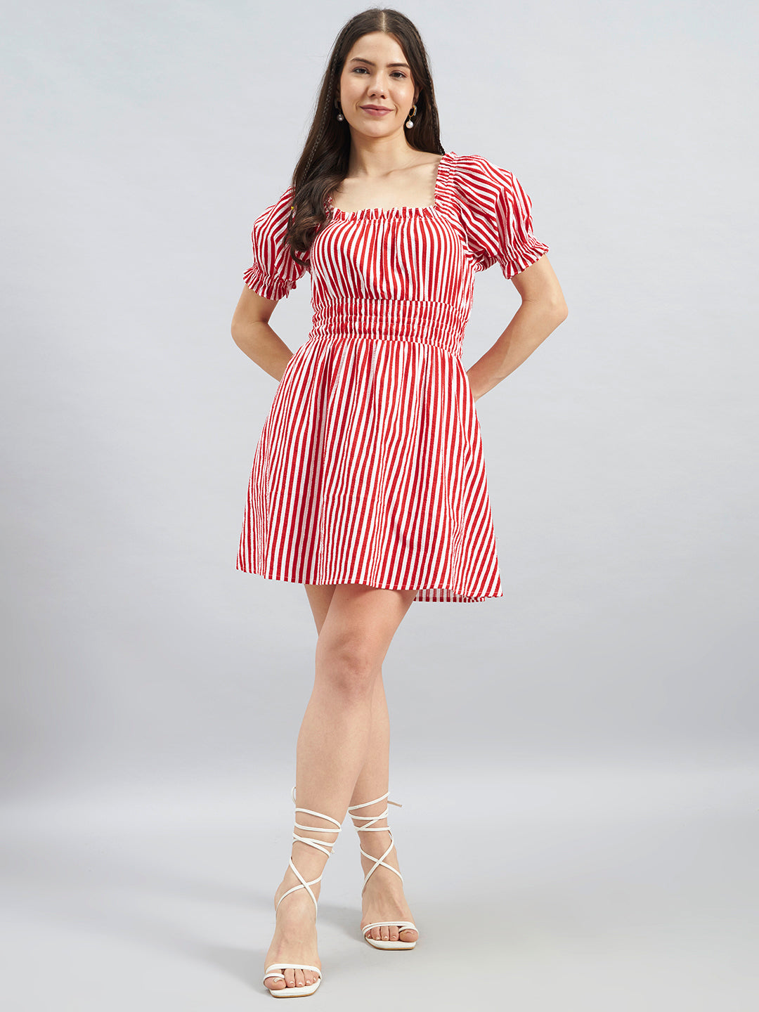 Red & White Striped Cotton Fit & Flare Dress